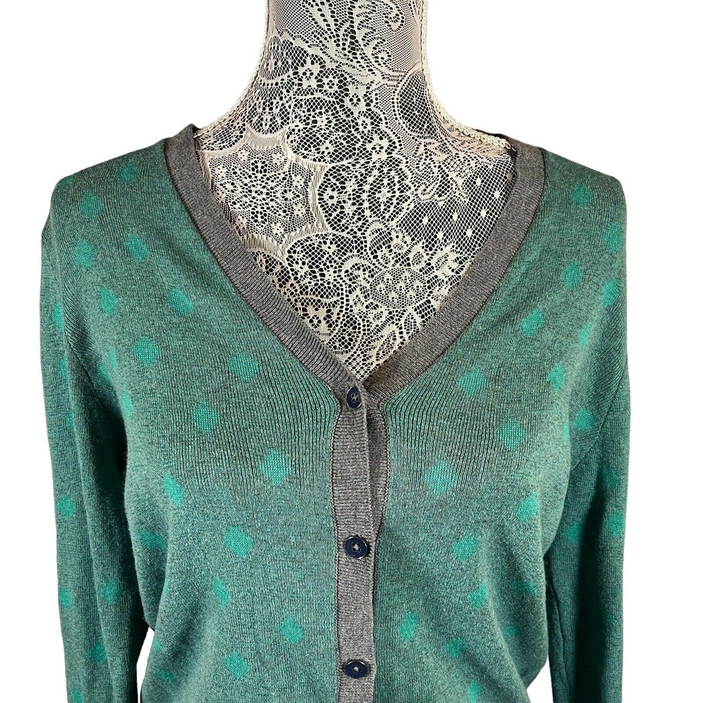 CABI Green Gray Polka Dot Cardigan Knit Sweater Button Front Cotton Size S